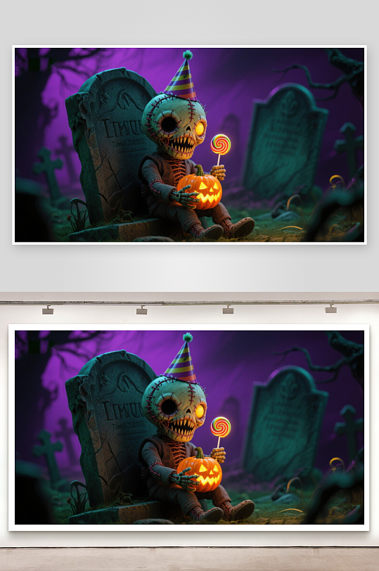 骷髅小孩手持南瓜灯与棒棒糖-众图网