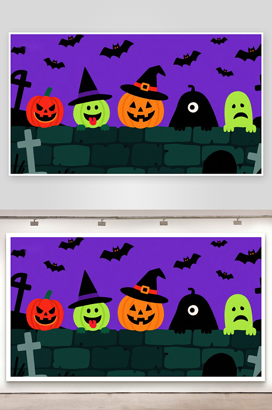 万圣节卡通角色墙头欢乐场景-众图网
