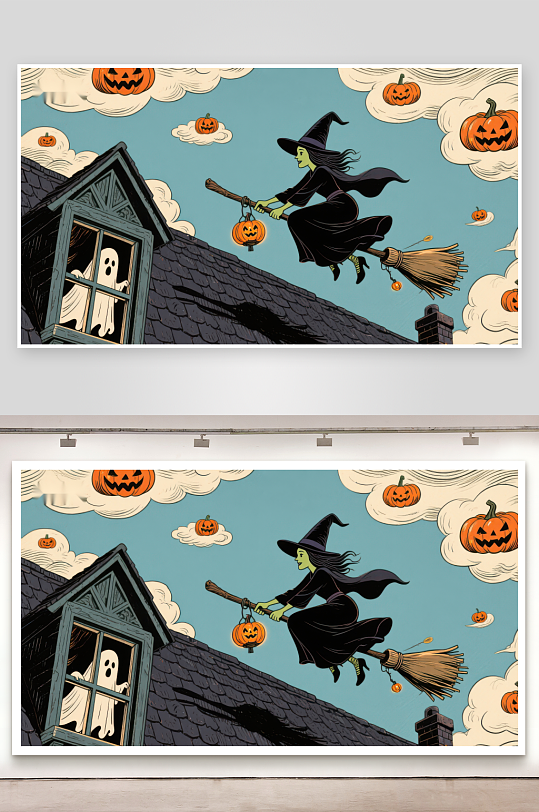 万圣夜巫女飞越屋顶-众图网