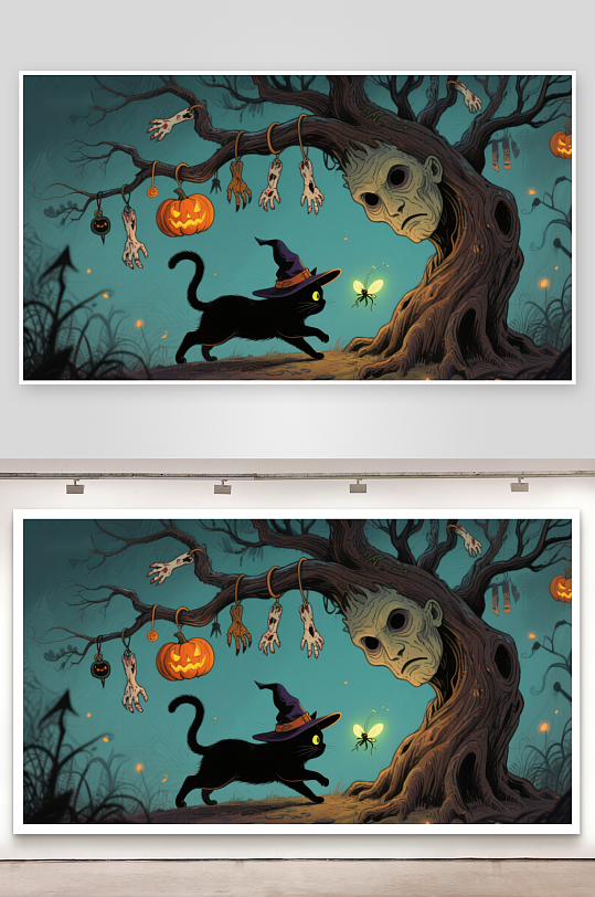 万圣夜的神秘树与黑猫-众图网