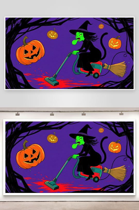 万圣节女巫骑扫帚吸尘-众图网