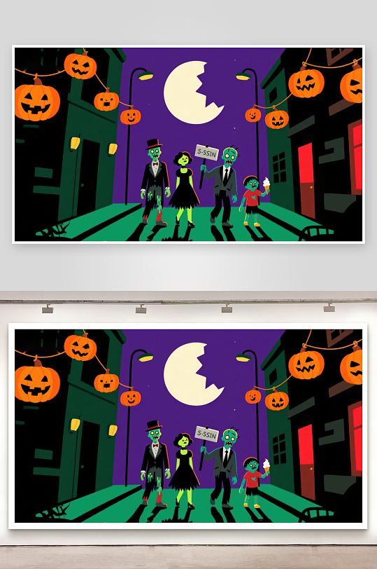 万圣节夜景僵尸与南瓜灯-众图网