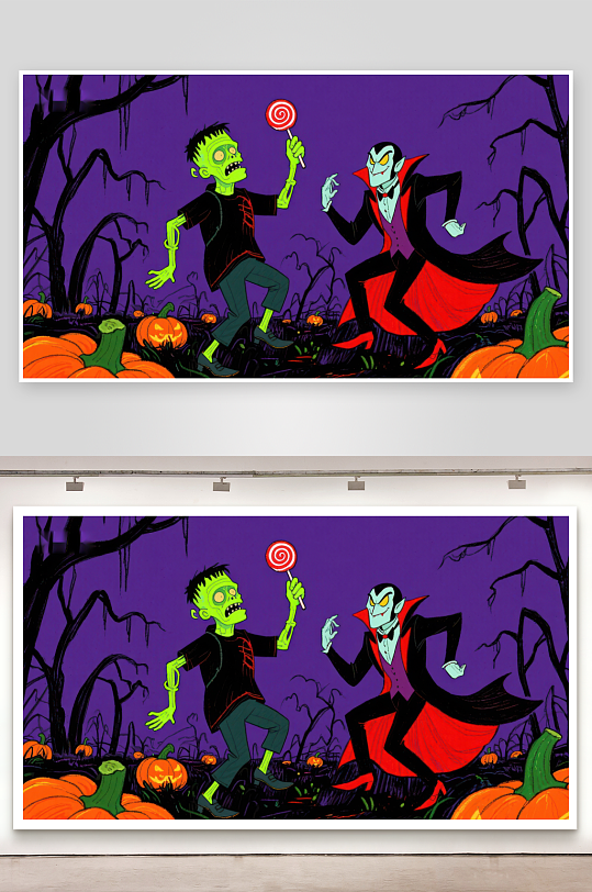 万圣节僵尸与吸血鬼共享糖果-众图网