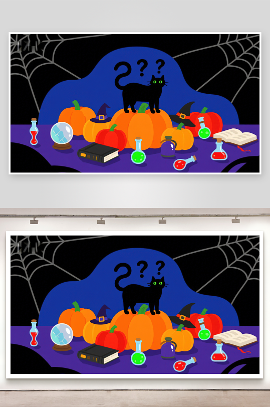 万圣节夜景黑猫与南瓜的神秘聚会-众图网