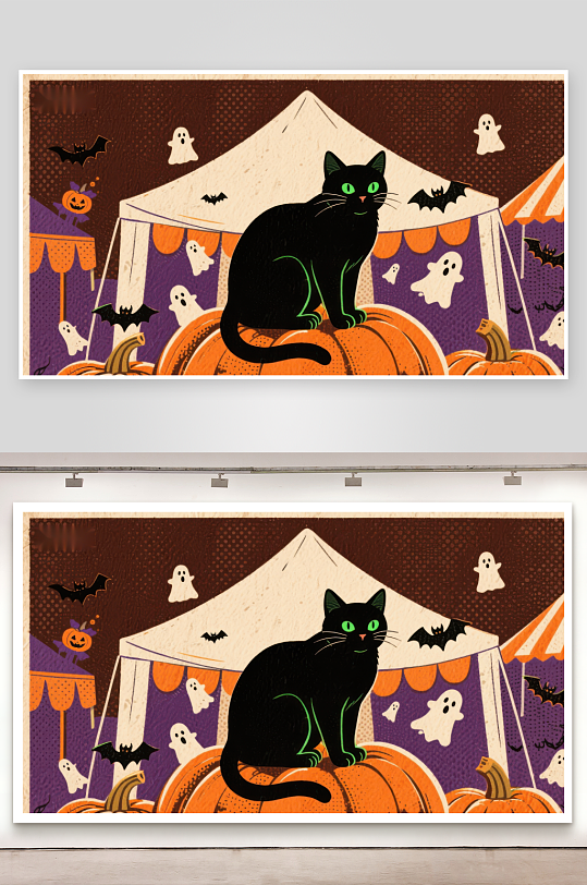 万圣节夜市中的黑猫与南瓜-众图网