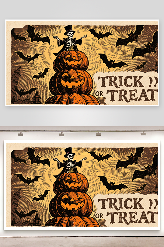 万圣节骷髅与南瓜灯插画-众图网