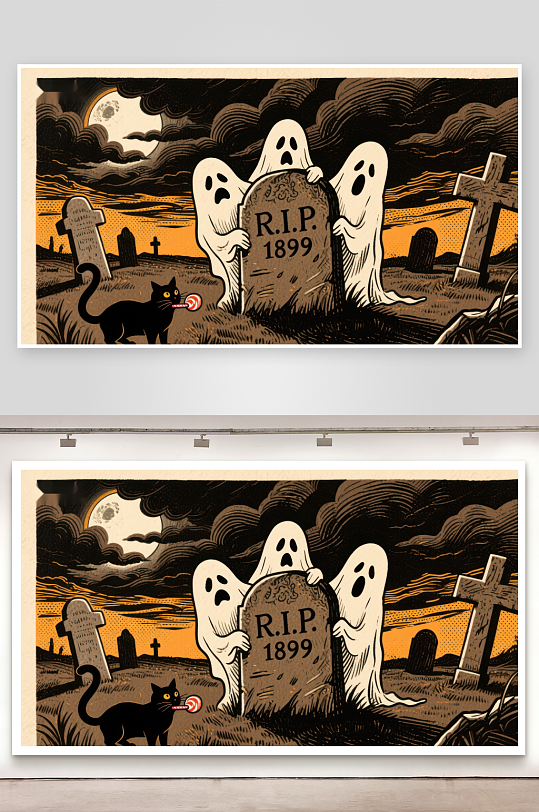 墓地幽灵与黑猫的夜晚-众图网