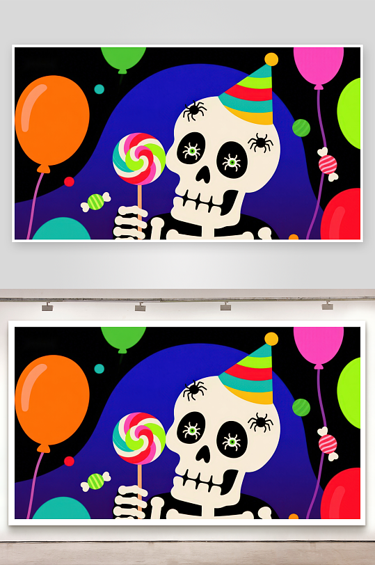 骷髅手持棒棒糖彩色气球环绕-众图网