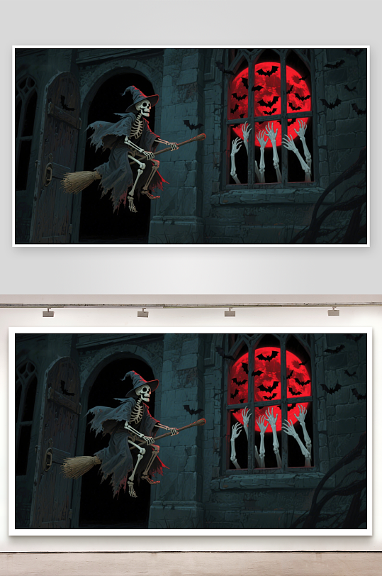 骷髅巫师骑扫帚飞过红窗鬼手-众图网