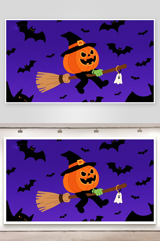 南瓜巫师骑扫帚蝙蝠环绕-众图网