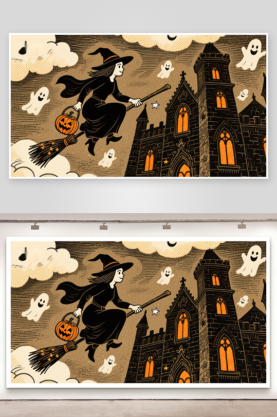 巫女夜空飞行幽灵环绕古堡-众图网