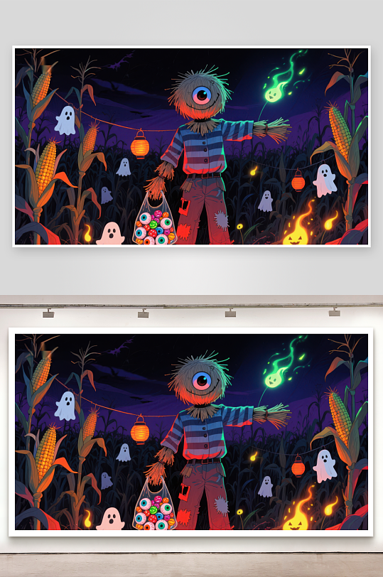 万圣节玉米田中的发光稻草人-众图网