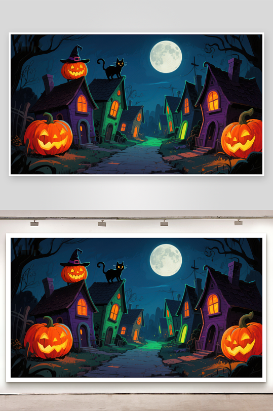 万圣节夜景南瓜灯与神秘小镇-众图网