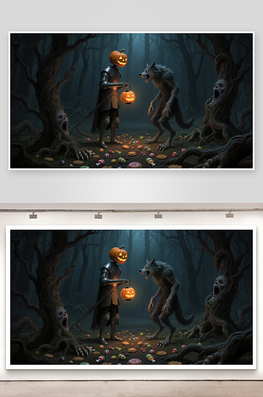 南瓜头骑士与狼人在糖果森林-众图网