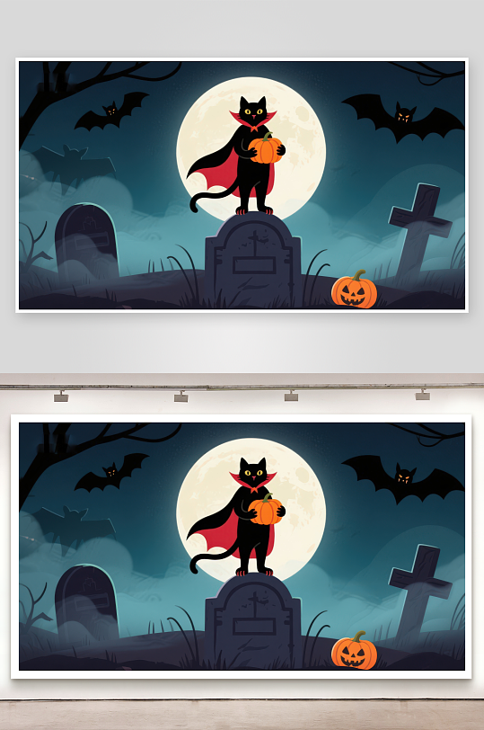 万圣夜猫怪捧南瓜-众图网