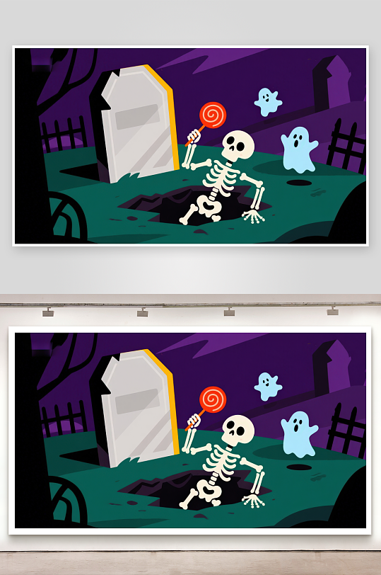 万圣夜墓地中的骷髅与幽灵-众图网