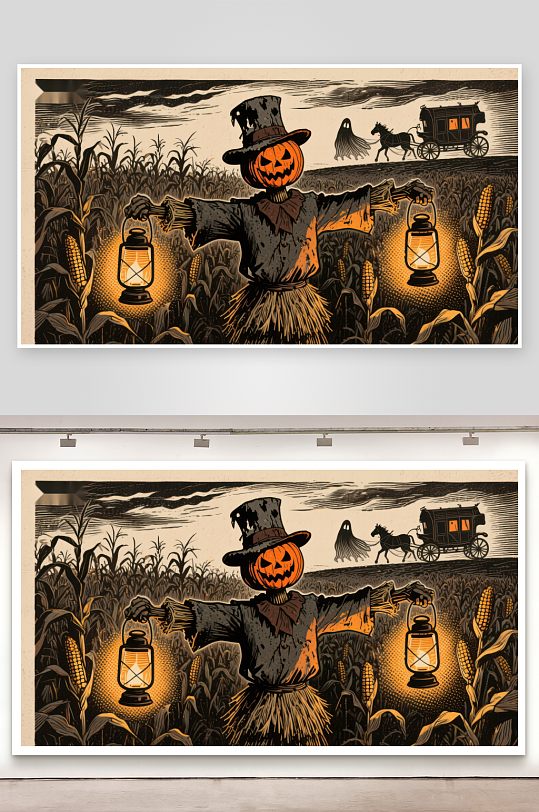 南瓜头稻草人手持灯笼的万圣节场景-众图网