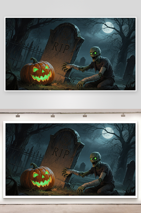 墓地里的南瓜灯与僵尸-众图网