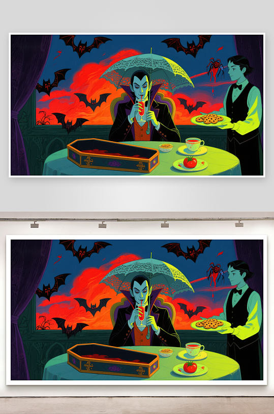 吸血鬼在晚餐桌上享受饮料-众图网