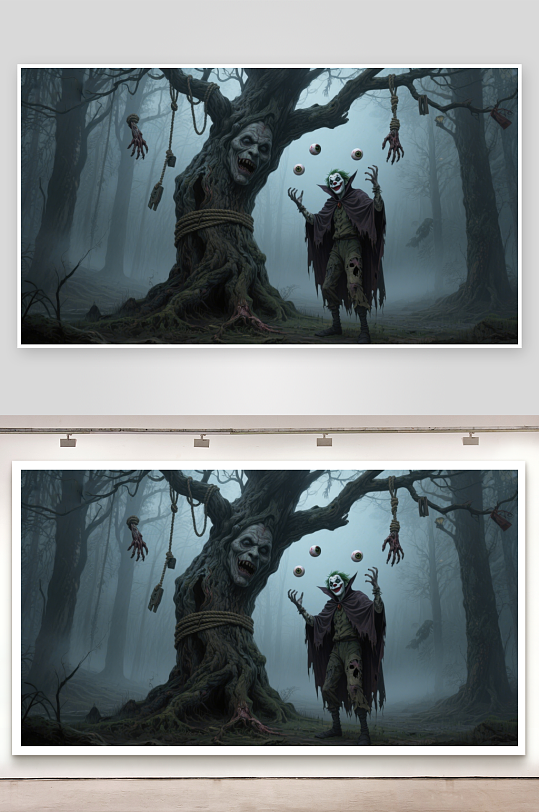 幽暗森林中的恐怖树与小丑-众图网