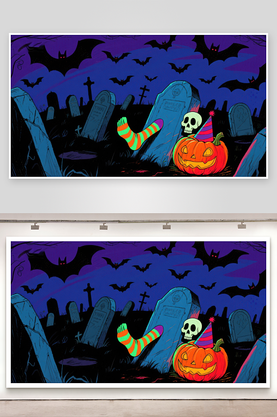 万圣节墓地南瓜与骷髅帽-众图网