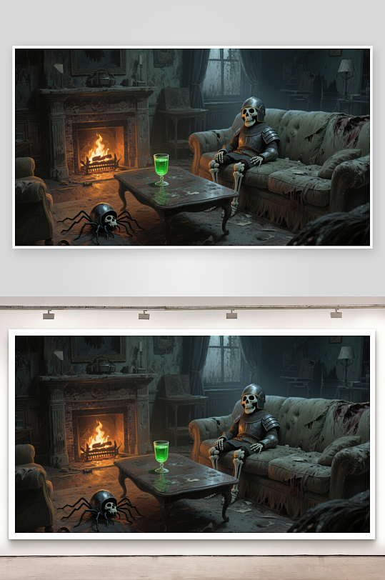 骷髅骑士在破旧客厅中休息-众图网