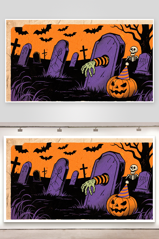 万圣节墓地场景插画-众图网