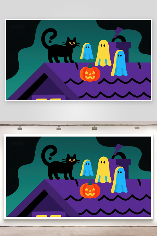 屋顶上的万圣节幽灵与黑猫-众图网