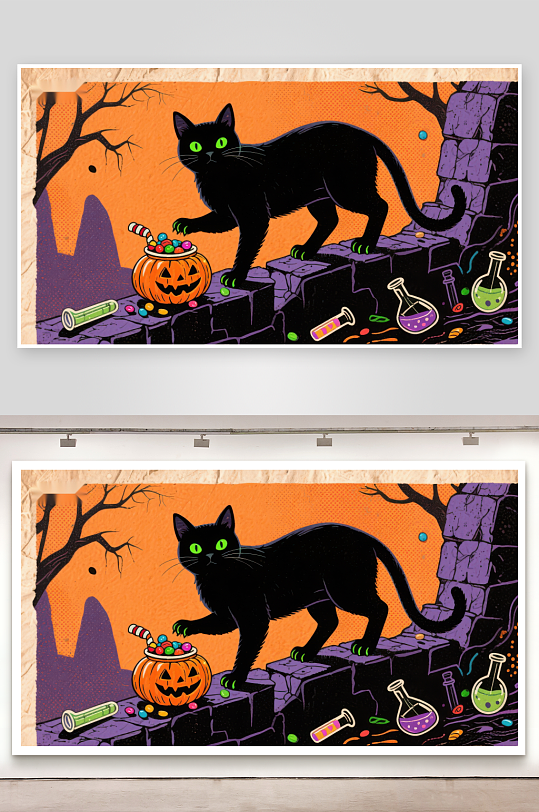 万圣节黑猫与糖果南瓜灯-众图网