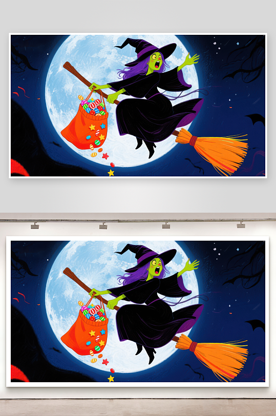 万圣夜巫女骑扫帚满月飞翔-众图网