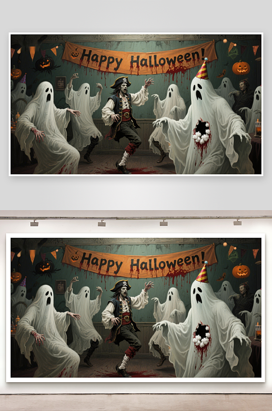 海盗与幽灵共舞的万圣节派对-众图网