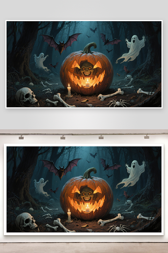 万圣节森林中的南瓜灯与幽灵-众图网