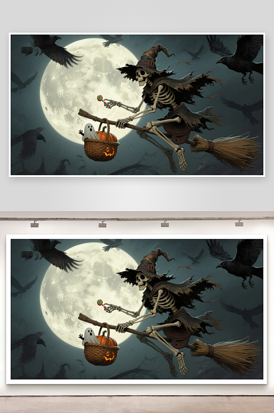 骷髅巫师骑扫帚夜空飞翔-众图网