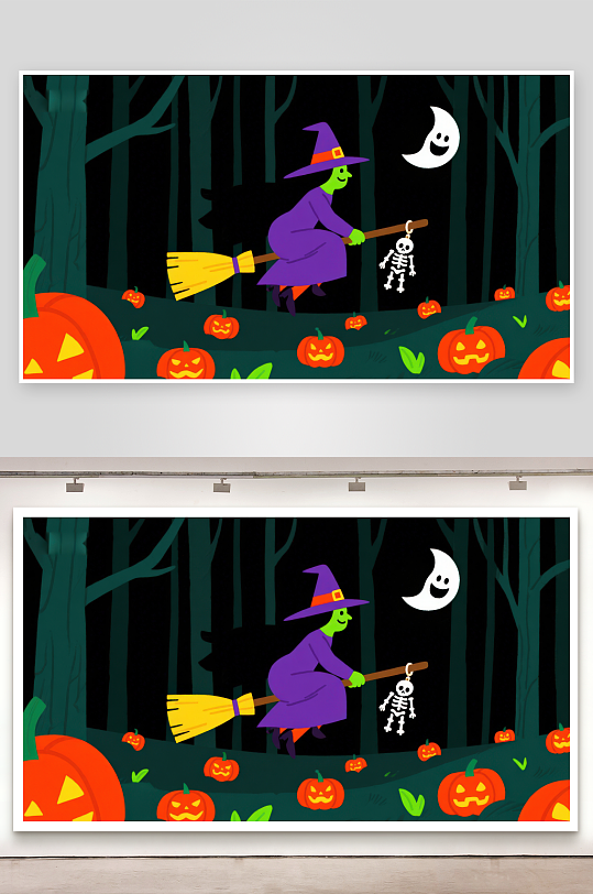 万圣夜巫女骑扫帚飞过南瓜灯-众图网