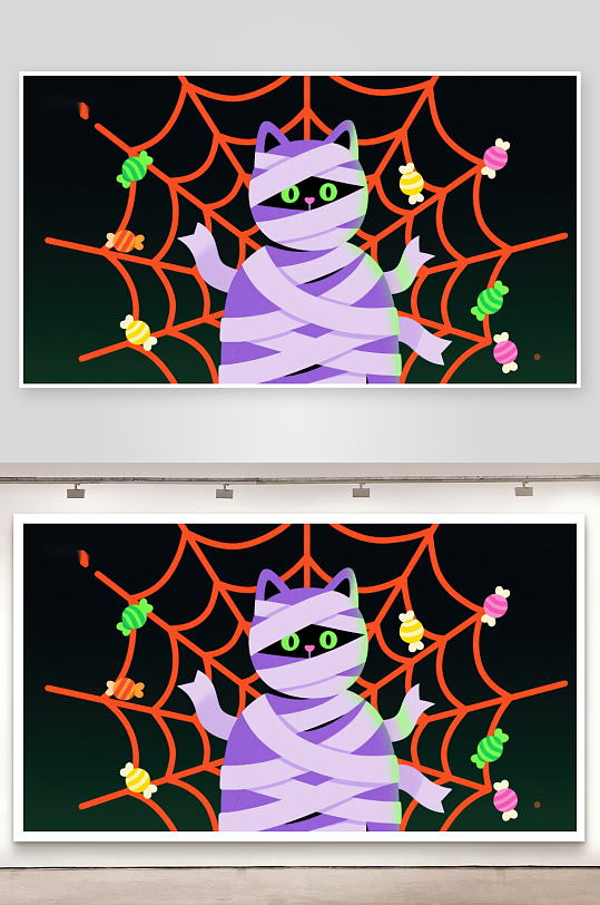 万圣节猫咪木乃伊与糖果蜘蛛网-众图网