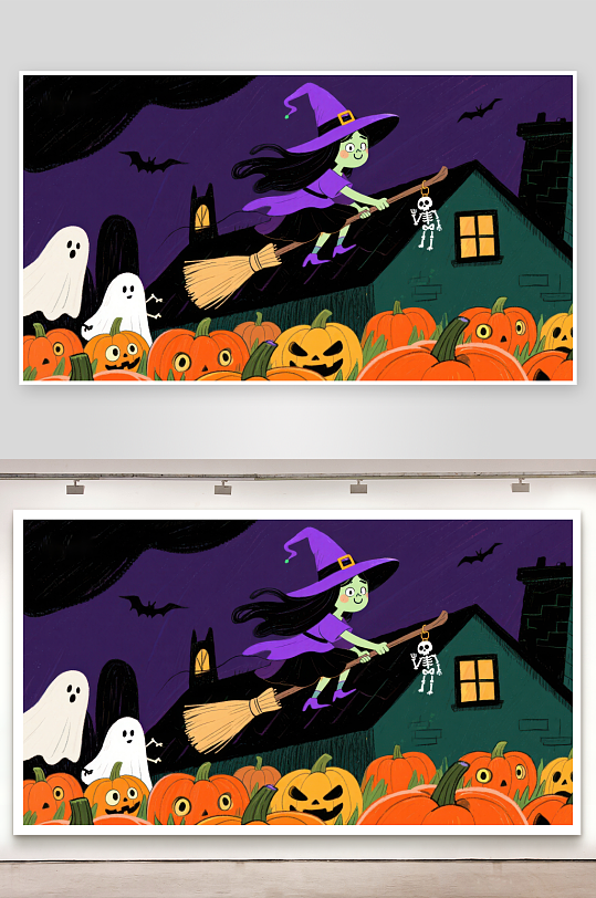 万圣夜女巫骑扫帚飞过南瓜灯-众图网