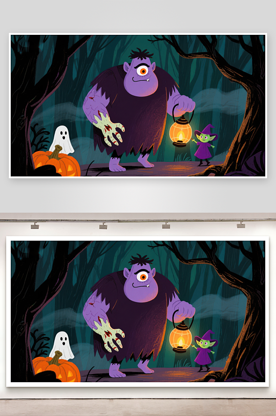 万圣节森林中的怪物与小巫师-众图网