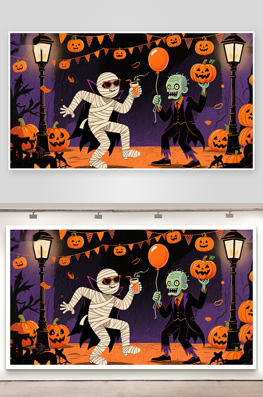 万圣节夜幕下的木乃伊与僵尸舞会-众图网