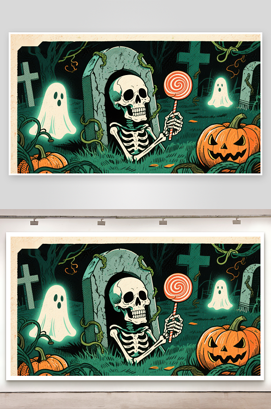 万圣节墓地骷髅手持糖果-众图网