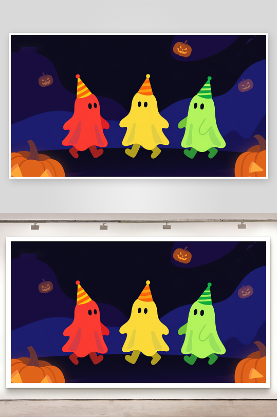 万圣节夜晚三只彩色小鬼戴着派对帽-众图网