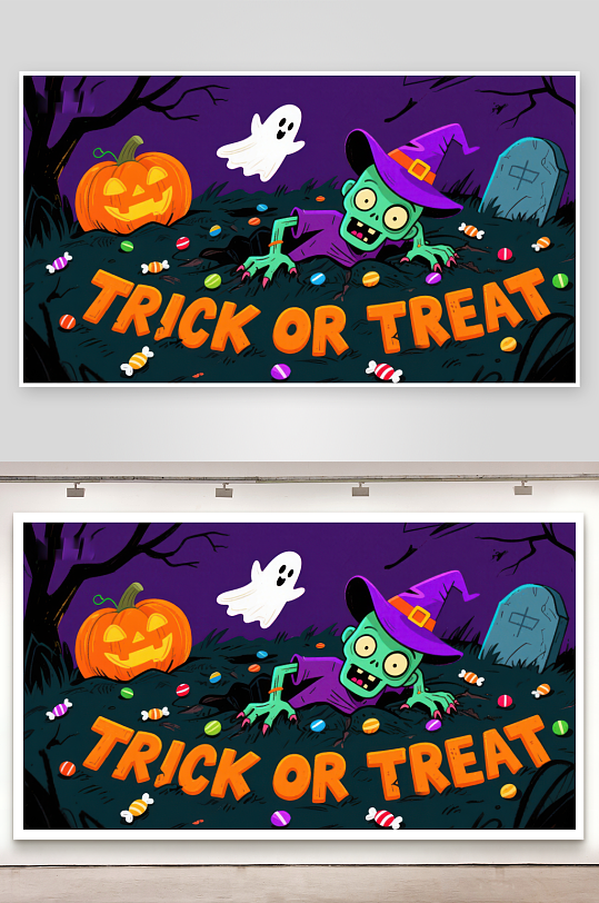 万圣节主题插画小僵尸与糖果-众图网