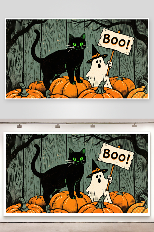 黑猫与小鬼在南瓜堆上举BOO牌-众图网