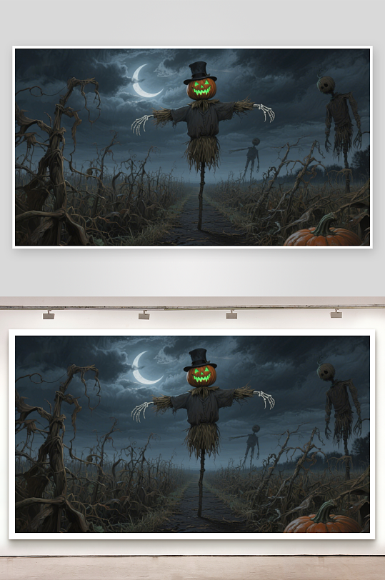 月夜下的南瓜头稻草人-众图网