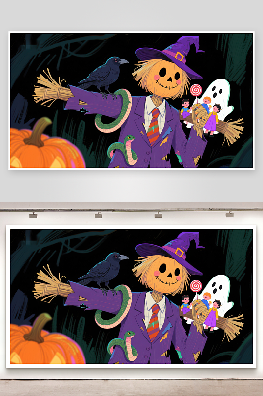 万圣节稻草人与幽灵的奇幻夜-众图网