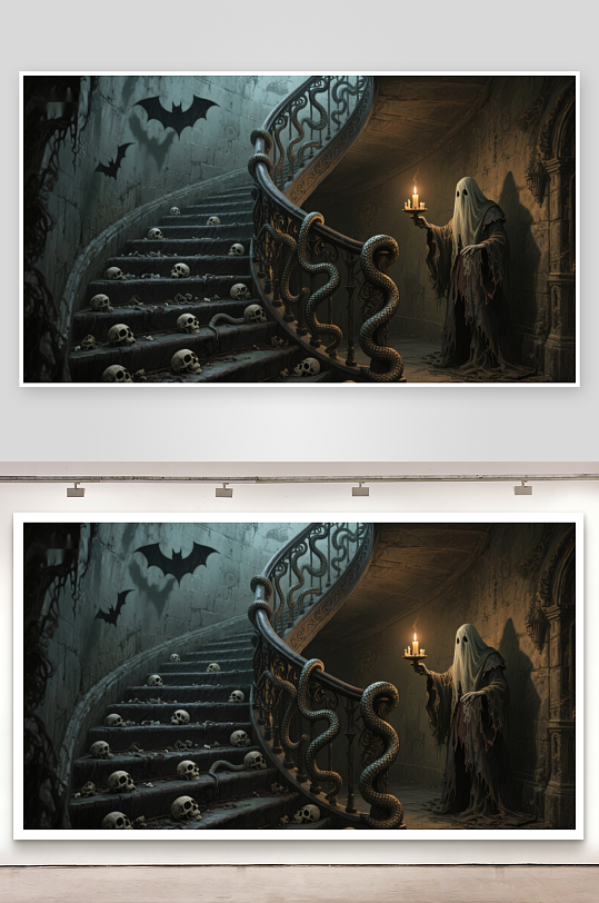 幽暗古堡楼梯上的神秘身影-众图网