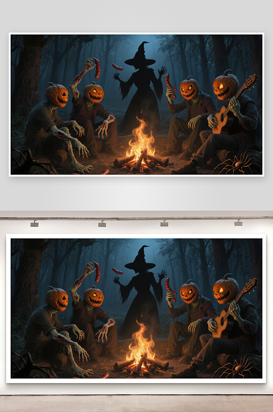 万圣夜篝火旁的南瓜人与女巫-众图网