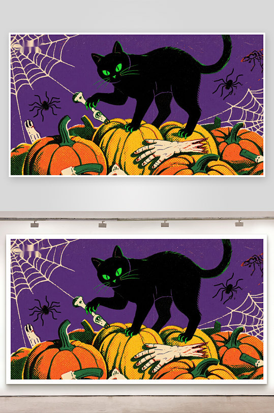 黑猫南瓜堆中的神秘场景-众图网