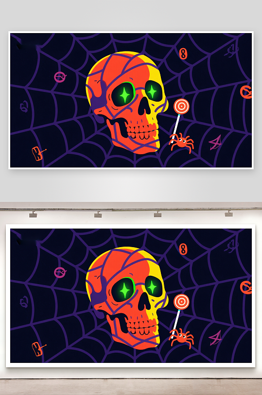 霓虹骷髅与蜘蛛网的奇幻组合-众图网
