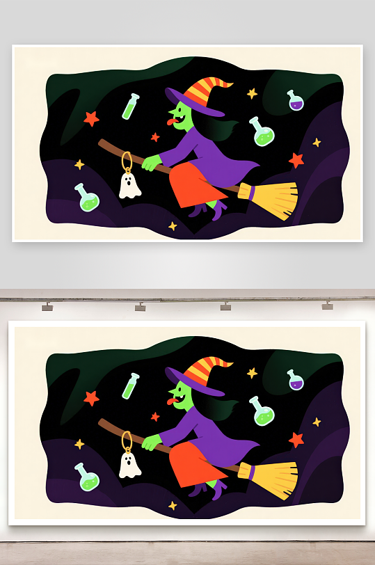 万圣节女巫骑扫帚飞行-众图网