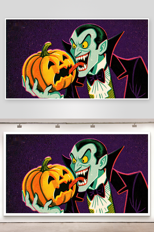 吸血鬼手持南瓜灯的万圣节插画-众图网